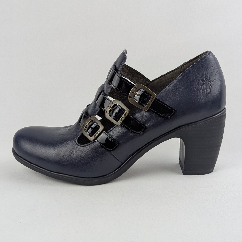 FLY London Kacy Ankle Boot Leather Buckle Straps Navy Black EU41 US 10-10.5 NWT - Picture 6 of 16